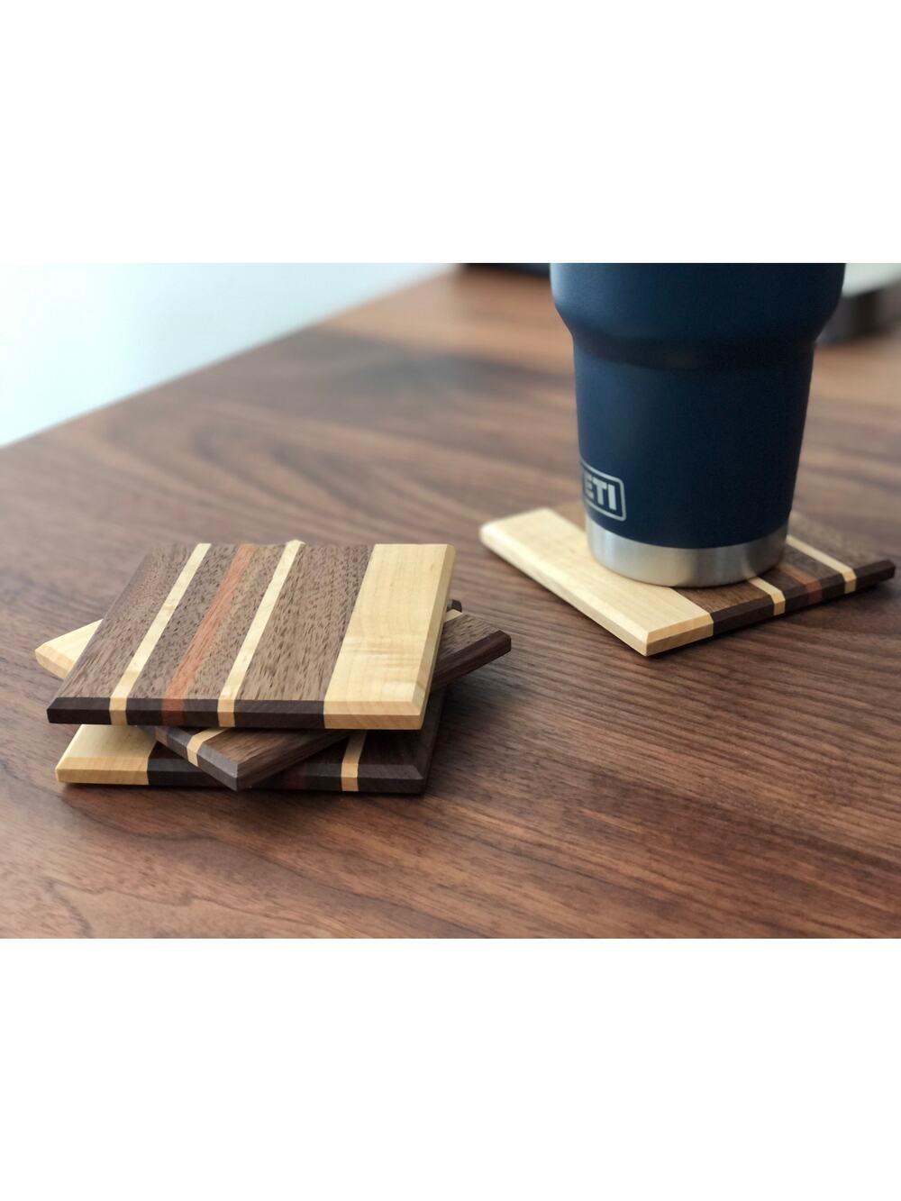 Handcrafted Vertical Stripe Wood Coaster Set of 4 Black Walnut, Sapele and Maple